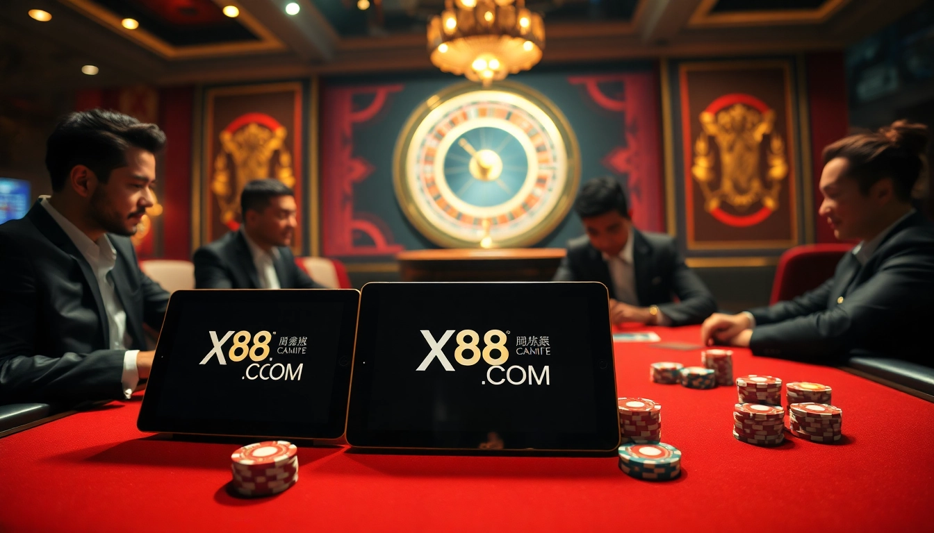 Engaged players placing bets on X88.COM poker table amidst a vibrant casino ambiance.