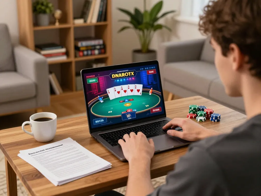 Engaged player at home using laptop for online poker on Trang Chủ XX88 with vibrant graphics.