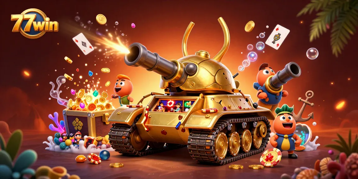 77win casino tank shoots coins, revealing miniature patrons in a vibrant 3D scene