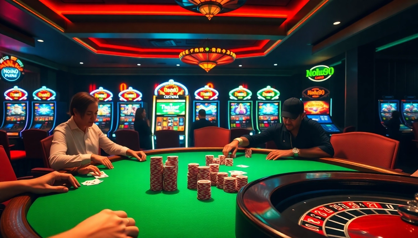 Nohu90 poker players engaged at a vibrant casino table with winning cards and chips.