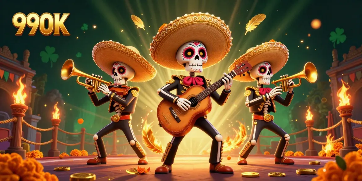 Experience the excitement of 99OK in this vibrant 3D scene with mariachi skeletons and casino elements.
