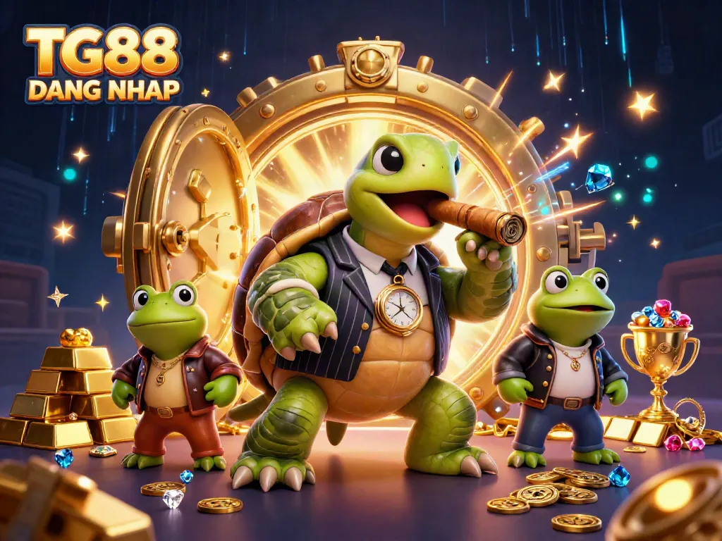 Experience thrilling action with TG88 DANG NHAP featuring a massive turtle and frog enforcers at a vibrant casino scene.