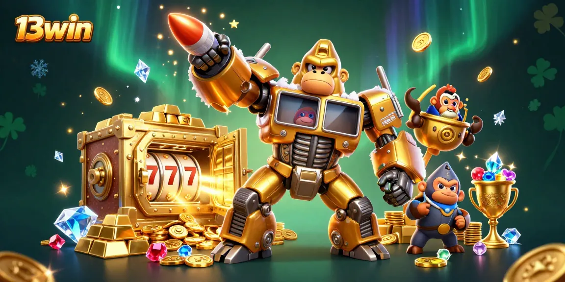 Experience thrilling wins at 13win with vibrant 3D casino adventure featuring slot machined gorilla mech.