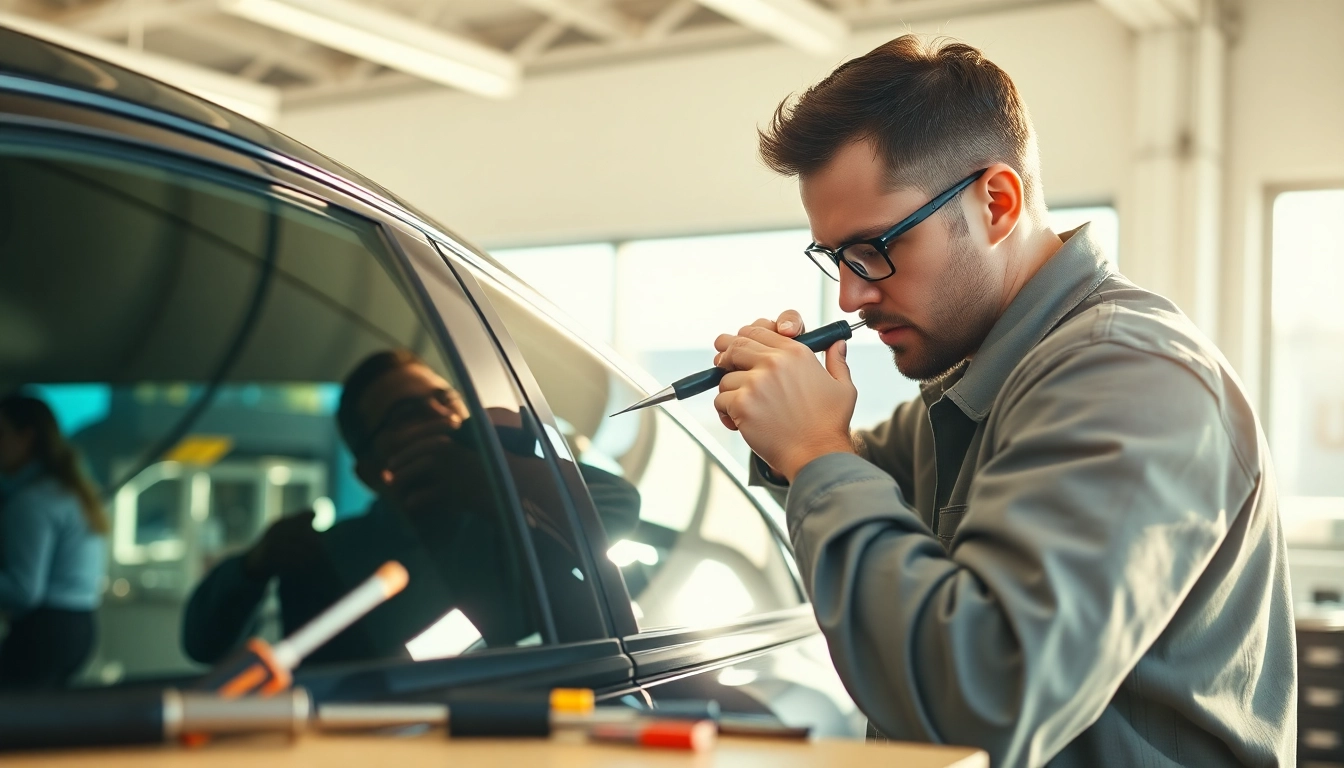 Get professional auto window tint near me applied by an expert technician in a bright garage.