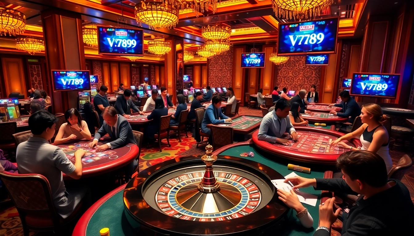 Vibrant casino scene with VN789 displays, players at roulette and poker tables, capturing excitement.