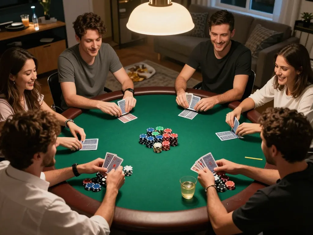 Players enjoying poker at a home game night, highlighting 888now in a lively atmosphere.