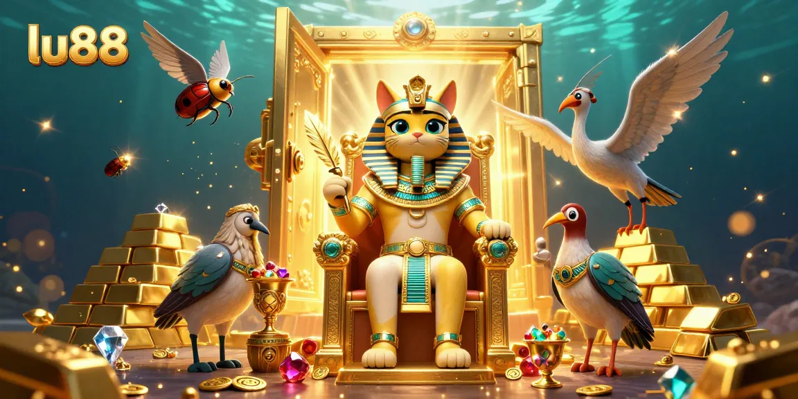 Experience the excitement of lu88 with a vibrant 3D illustration showcasing a cartoon Egyptian pharaoh cat amidst treasures and jewels.