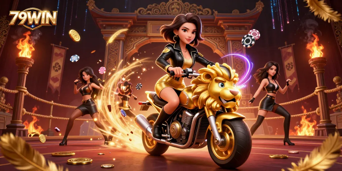 Experience the thrill of 79WIN with an epic casino adventure featuring a glamorous woman and golden lion mascot.