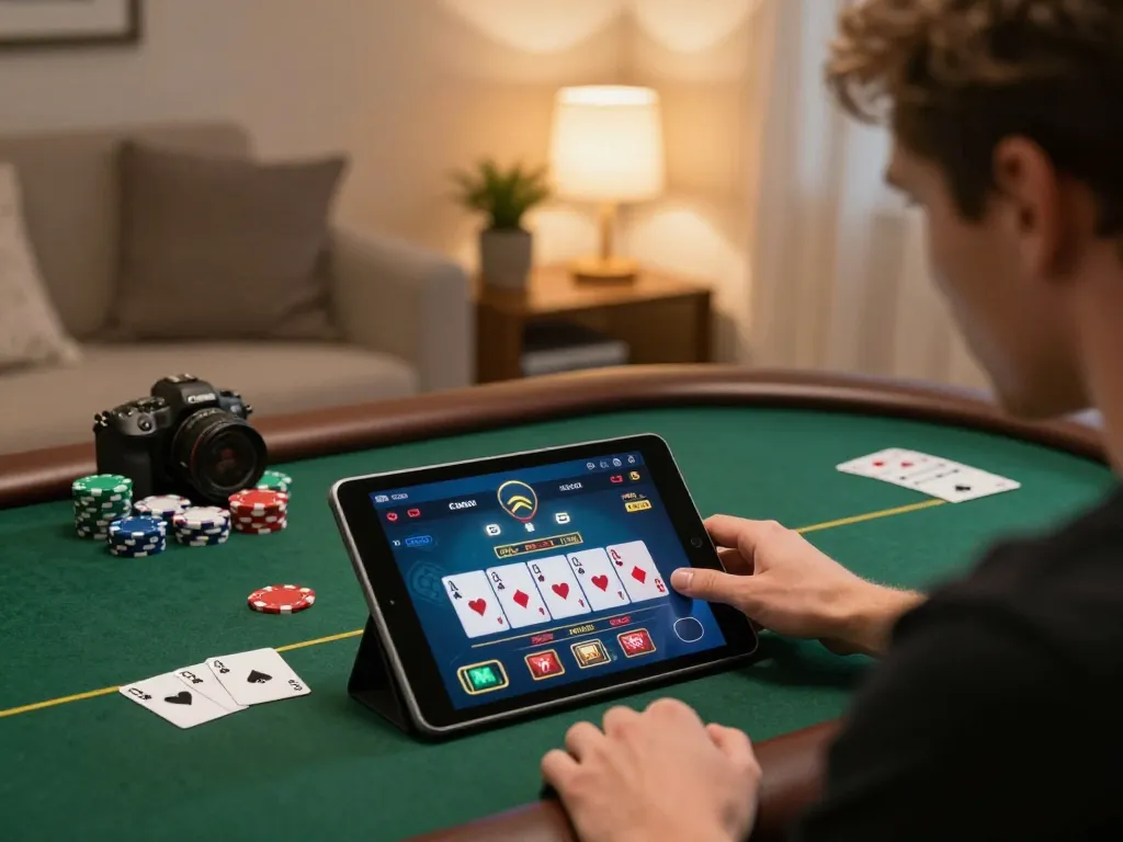 RR88 player strategizing on tablet during online poker game in a cozy living room
