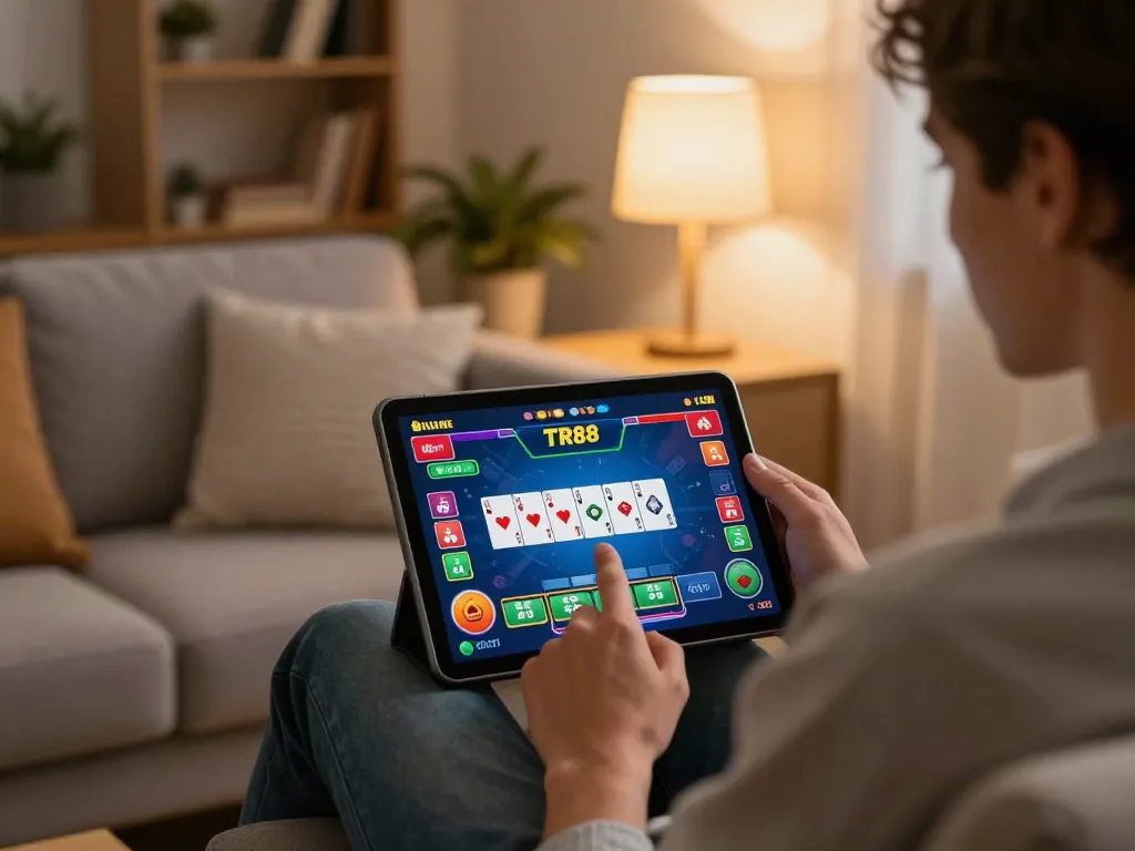 Play TR88 poker on a tablet in a stylish home setting, showcasing interactive online gaming