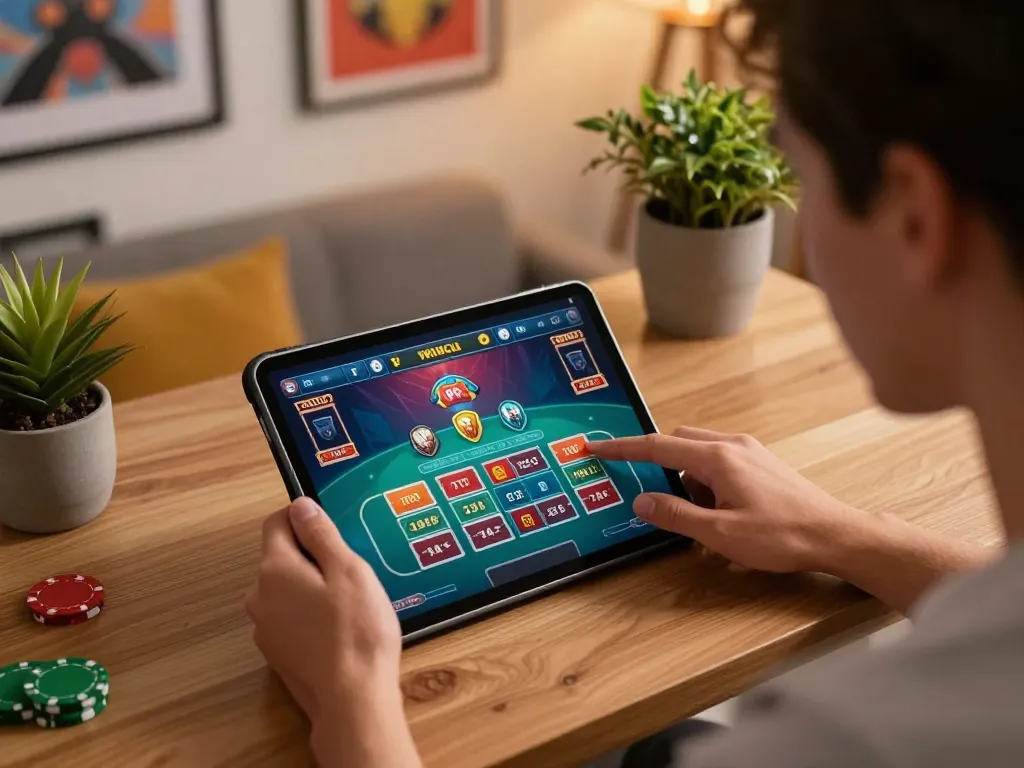 sam86 online gaming session with user placing a bet on a tablet in a cozy home