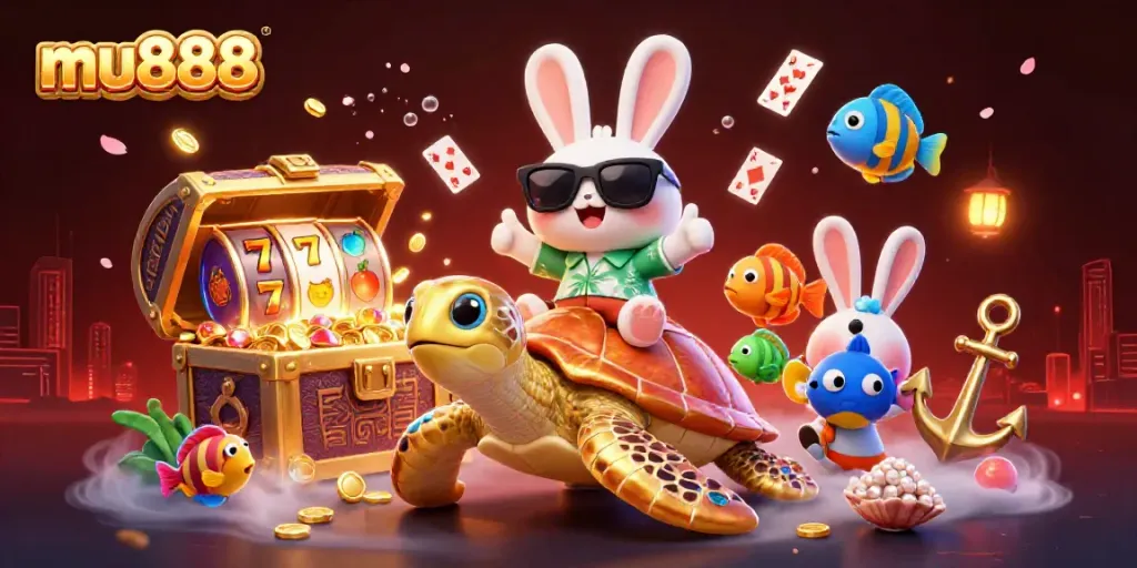 Experience key action in mu888's vibrant casino world with a cartoon lucky rabbit and treasures.