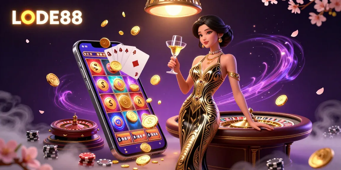 Experience the excitement of LODE88 with a glamorous casino scene featuring elegant games and vibrant action.