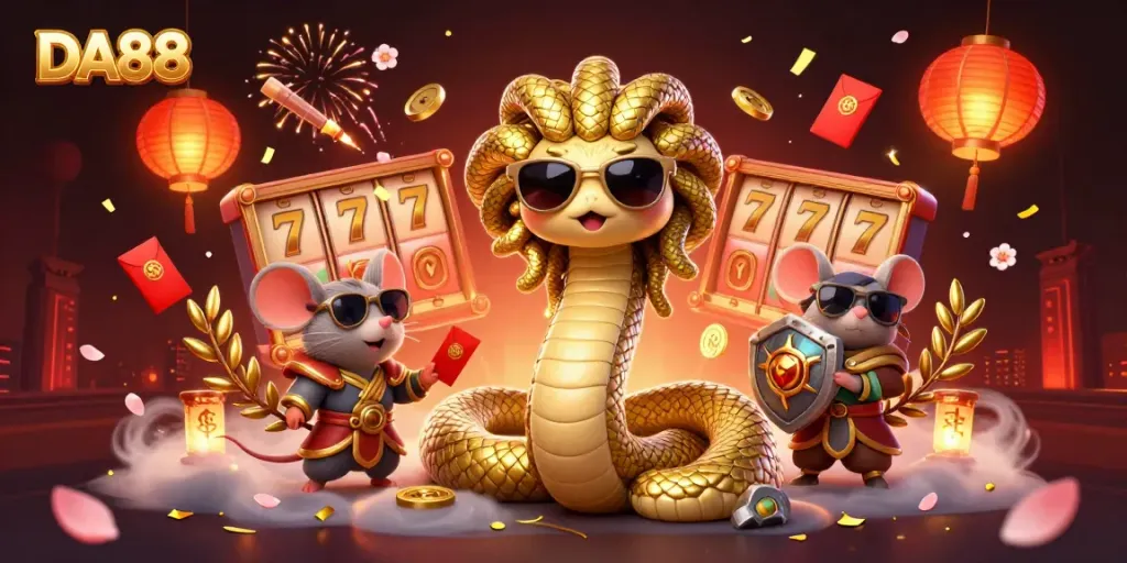 DA88 casino illustration showcasing a Medusa character and a warrior mouse with slots and festive elements