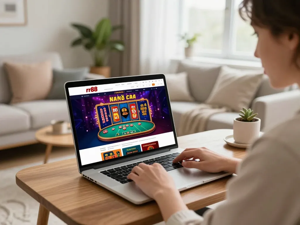A player explores the nhà cái rr88 online casino website on a laptop, showcasing an engaging gaming experience in a cozy home environment.