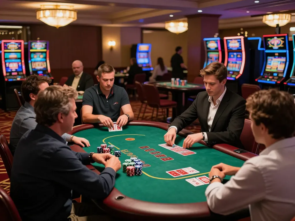 Players enjoying a strategic blackjack game at GA88 casino with vibrant atmosphere and intense focus.