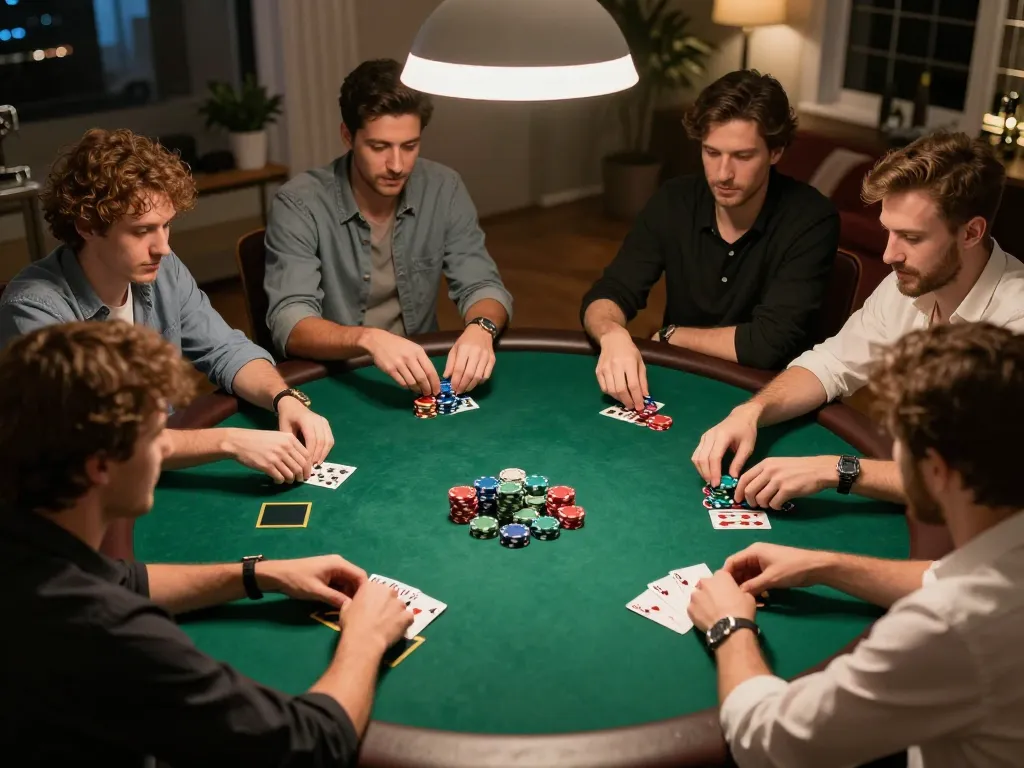 Players enjoying a thrilling poker game at home with 33win, strategizing and bonding over chips and cards
