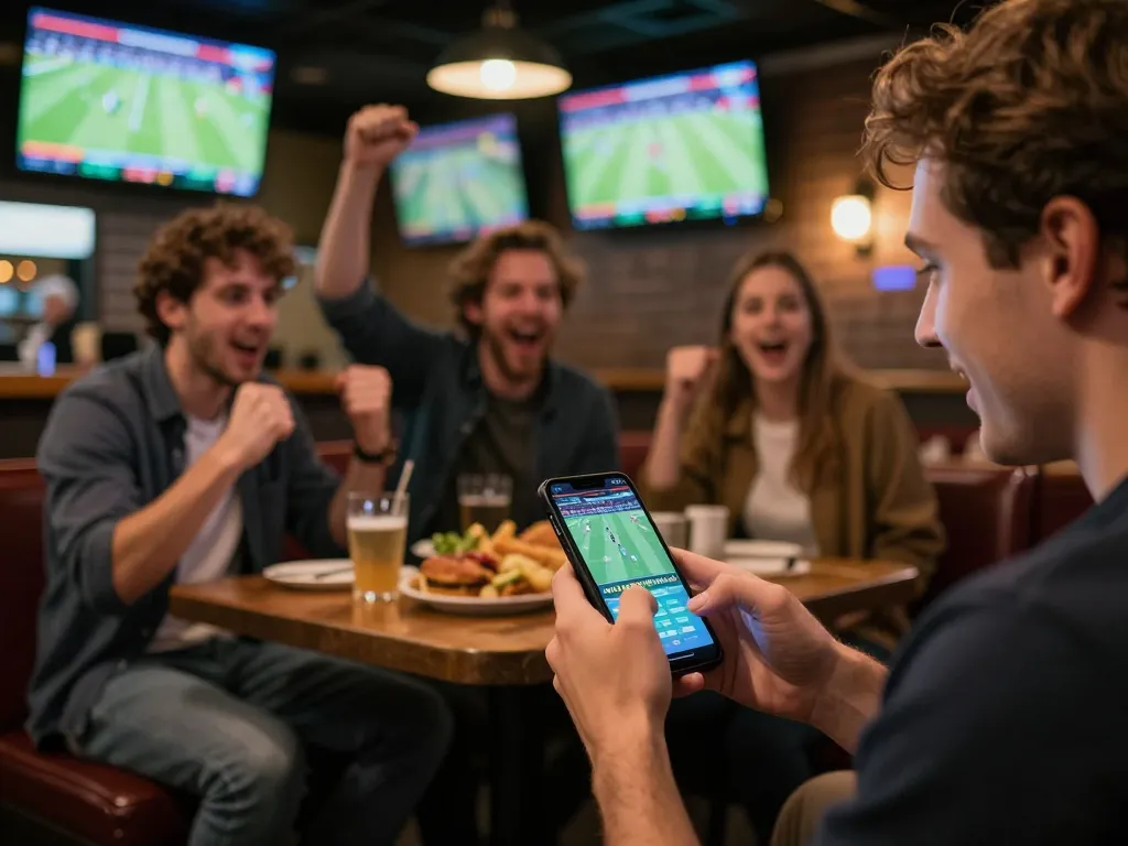 Engaged sports betting action at MMOO app in a vibrant social setting with live games