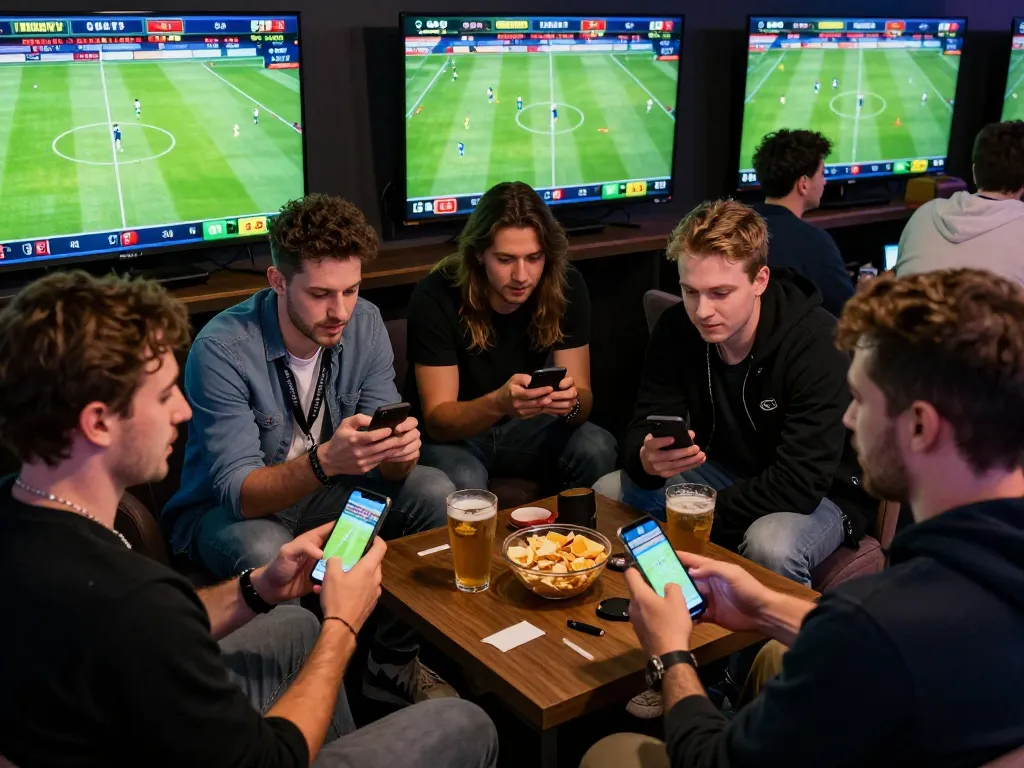 Excited friends placing bets on cm88 during a thrilling live sports event