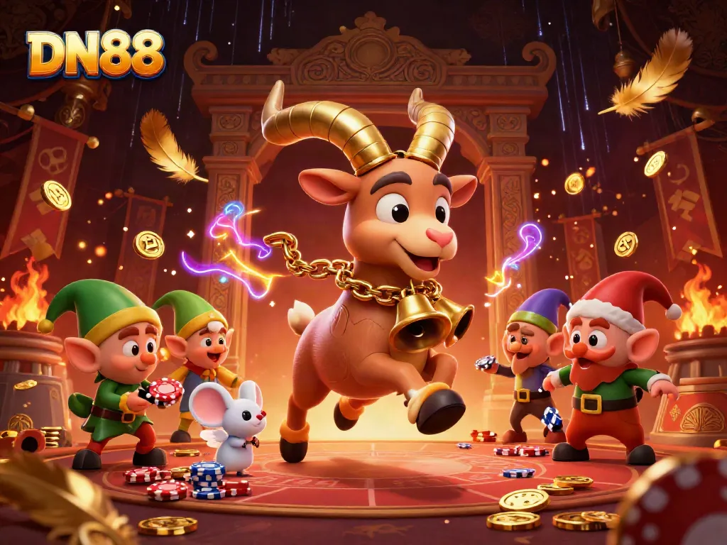 Experience DN88 at a vibrant casino scene with Krampus, angel mouse, and gremlins amidst rich game elements.