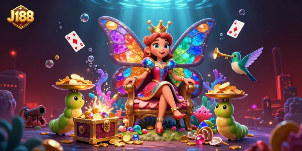 Experience the vibrant realm of J188, featuring a colorful butterfly queen and casino elements in a dazzling underwater scene.