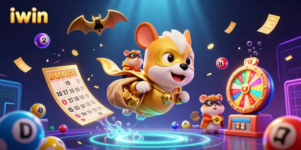 iwin's superhero dog character flying with coins amidst vibrant casino elements in dynamic illustration
