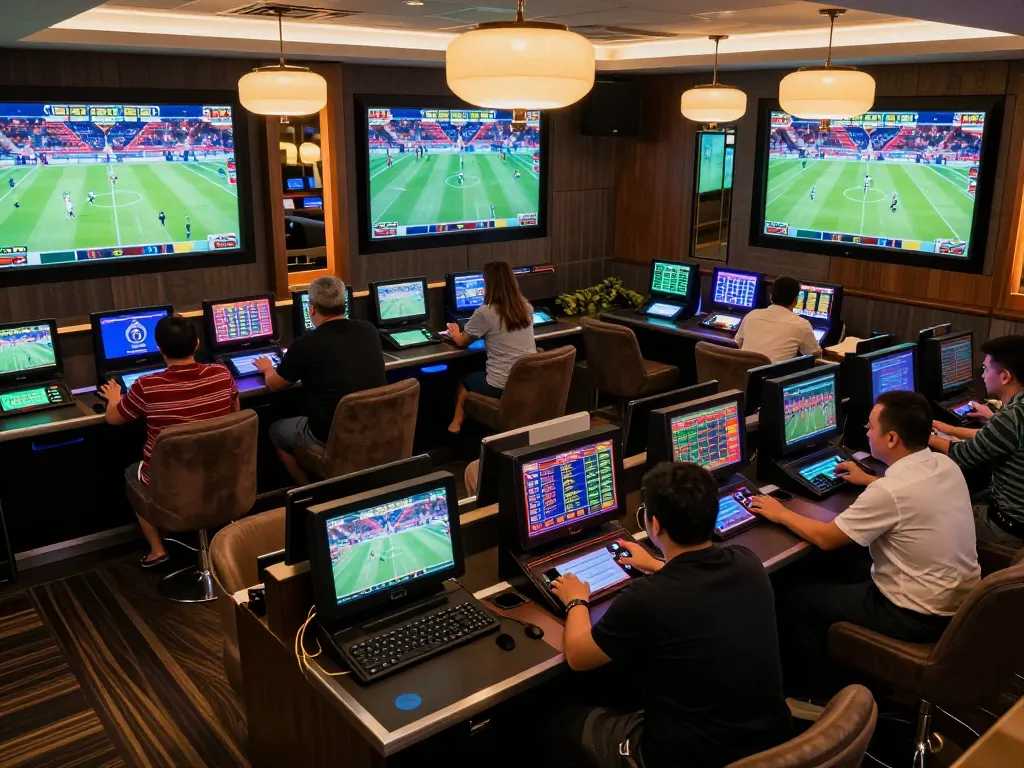 Kèo nhà cái 88 - Patrons engaging in sports betting at an upscale lounge, showing excitement and strategy.