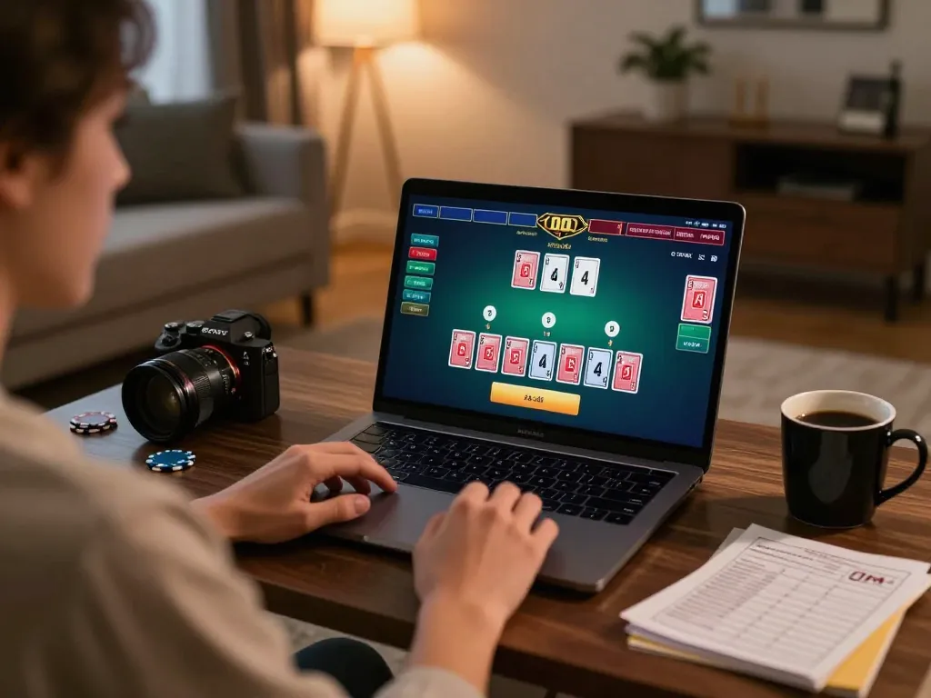 Engaged player using 1u888com for an exciting live dealer blackjack game at home.