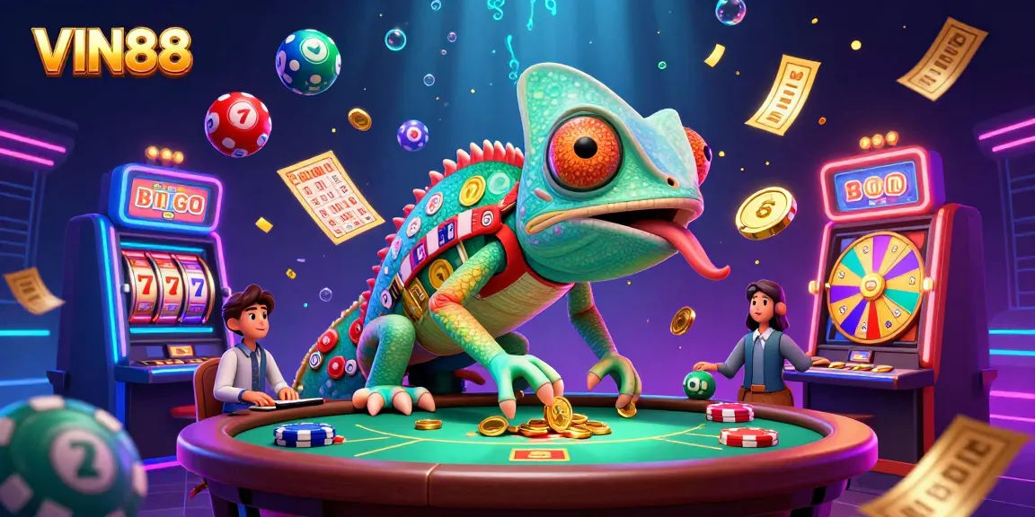 Experience the excitement at VIN88 with vibrant slots, colorful lottery balls, and a dynamic chameleon casino owner.