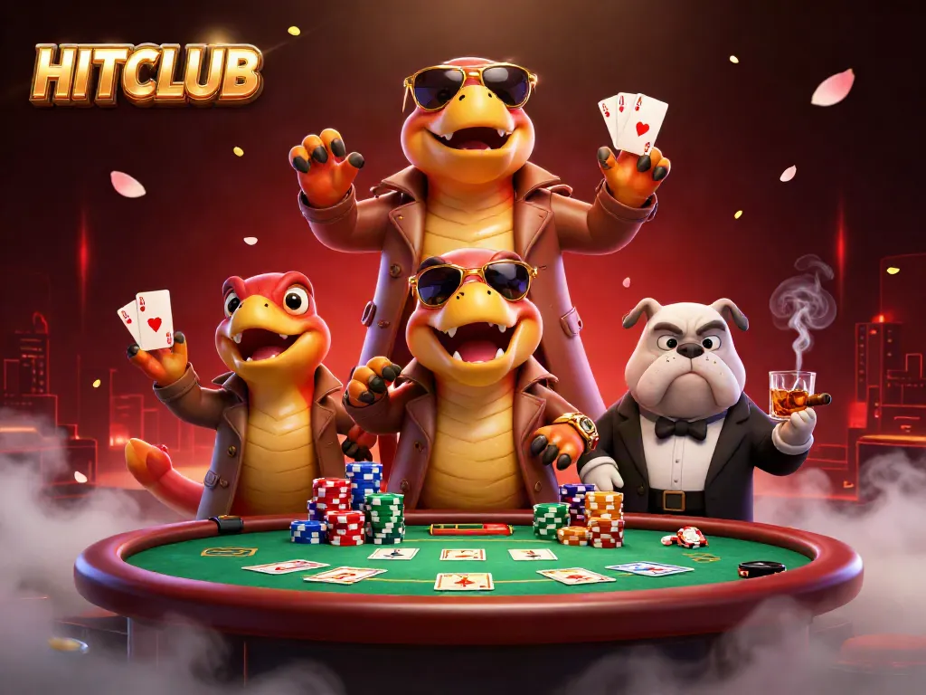 HITCLUB raptors hilariously attempt entry to VIP casino amidst colorful poker elements.