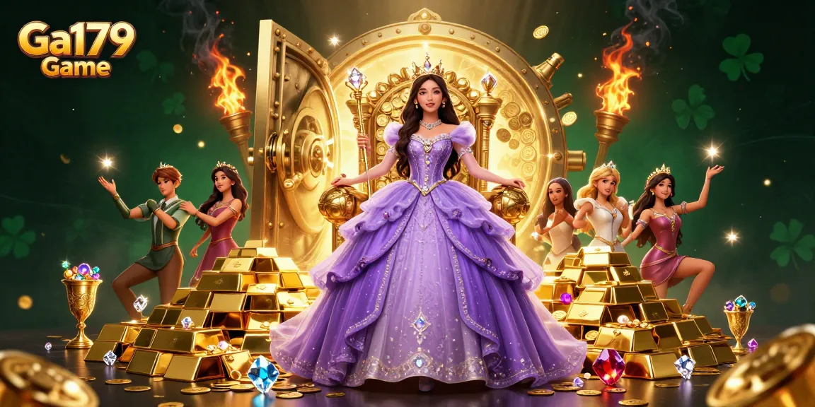 Experience Ga179 Game with a beautiful Asian woman in a royal gown, surrounded by riches and casino elements.
