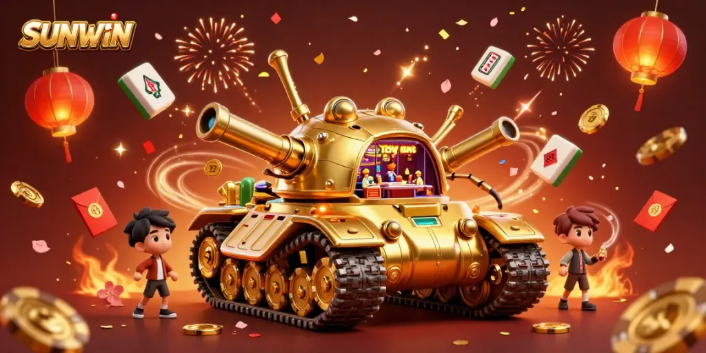 Witness the thrilling SUNWIN world, where a golden beetle tank showcases a miniature casino amidst festive celebrations.
