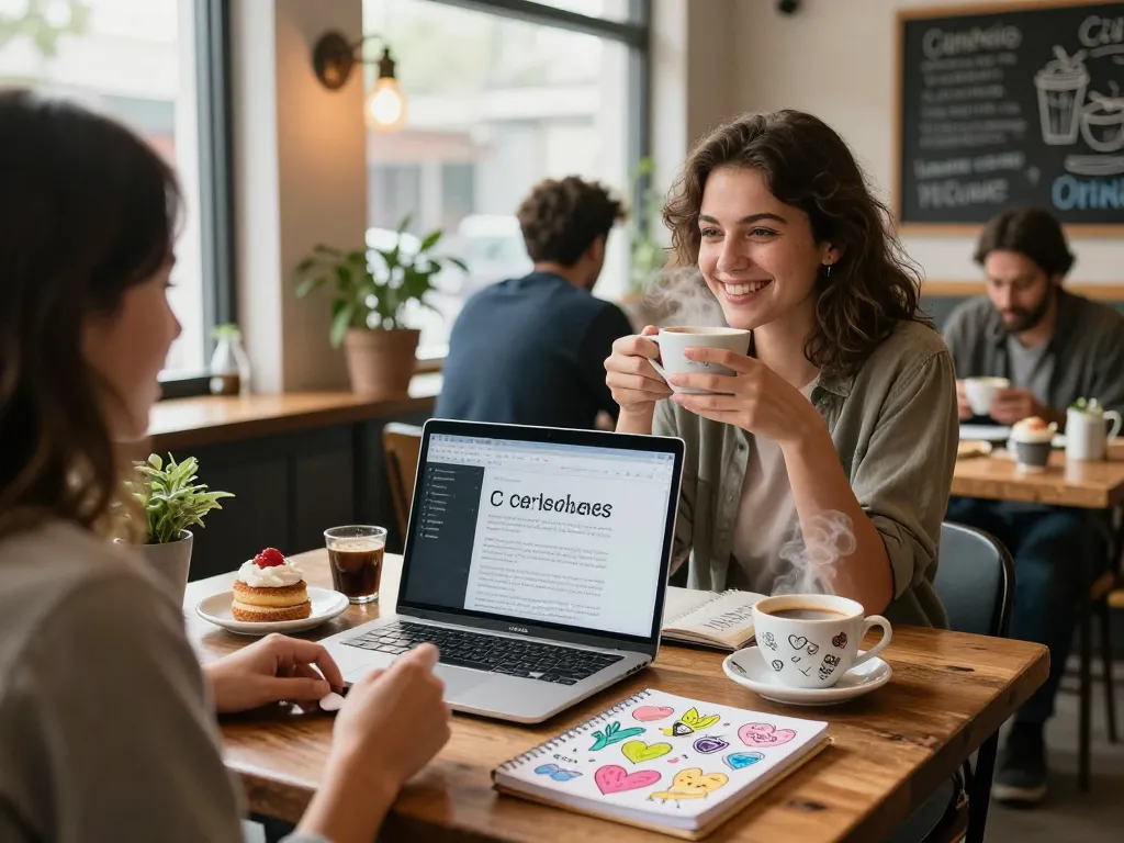 A young woman in a coffee shop enjoying a moment while discussing her crush on someone, surrounded by cozy decor and joyful ambiance.