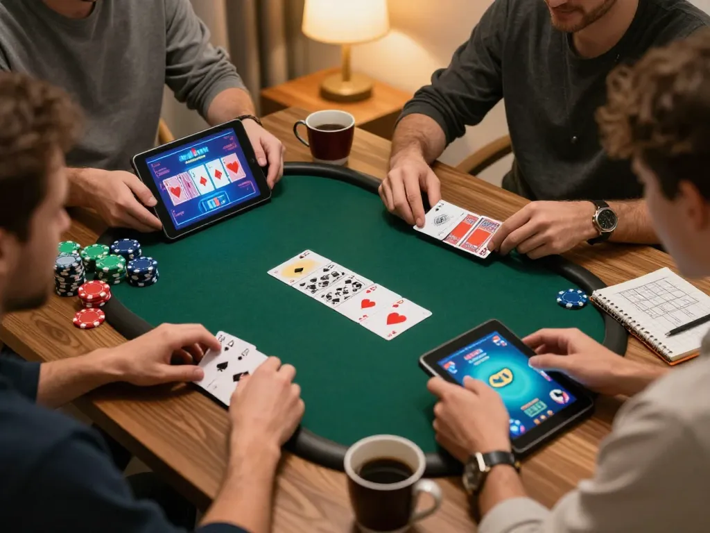 Players strategizing in online poker game on hi88 with cards visible, cozy home setting