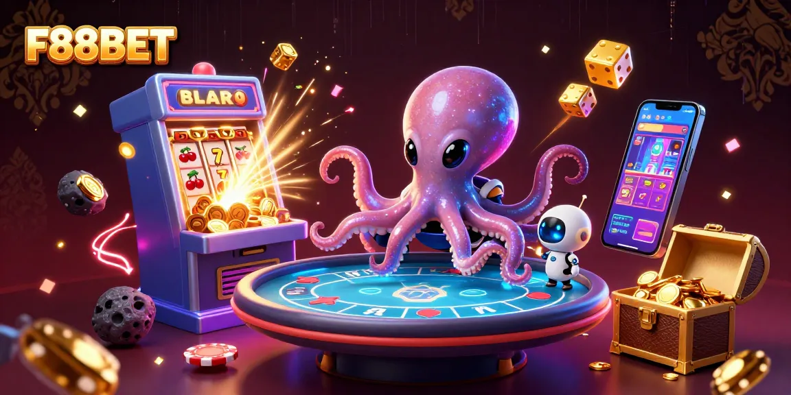 Engage with F88BET's vibrant 3D alien octopus and robot at a poker table surrounded by casino excitement.