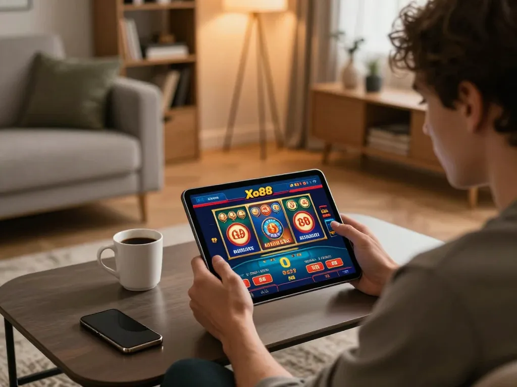 Xo88 user engaged in online gaming on a tablet showcasing vibrant casino options in a cozy living space