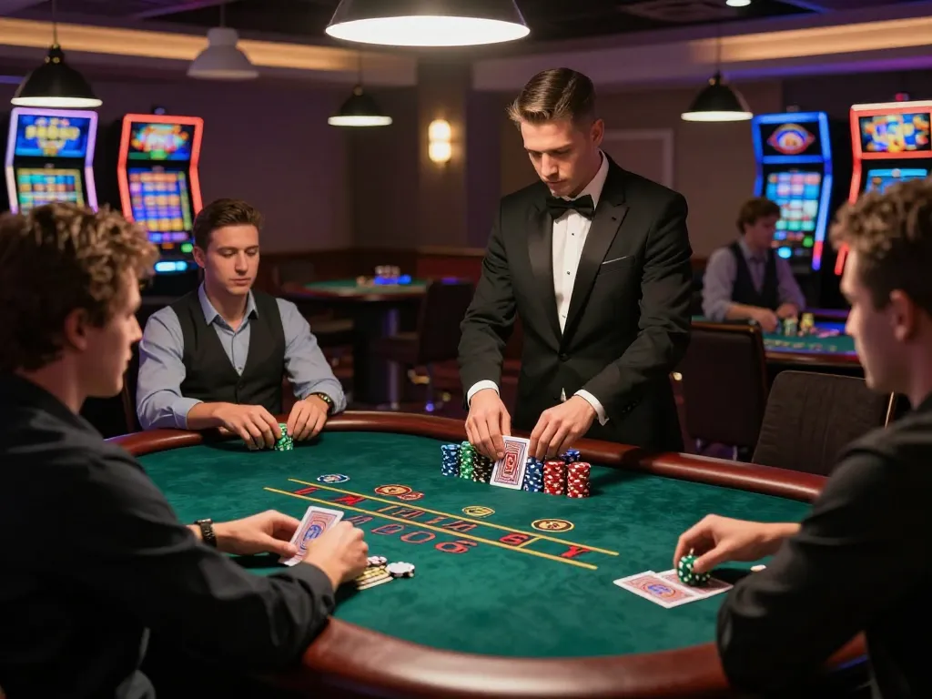 TR88 players enjoying blackjack strategy at an upscale casino table with chips and cards visible.