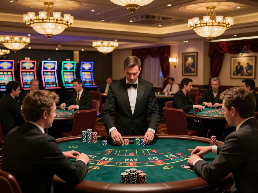 Players engaged in strategic blackjack gameplay at a luxurious casino, showcasing Da88 excitement