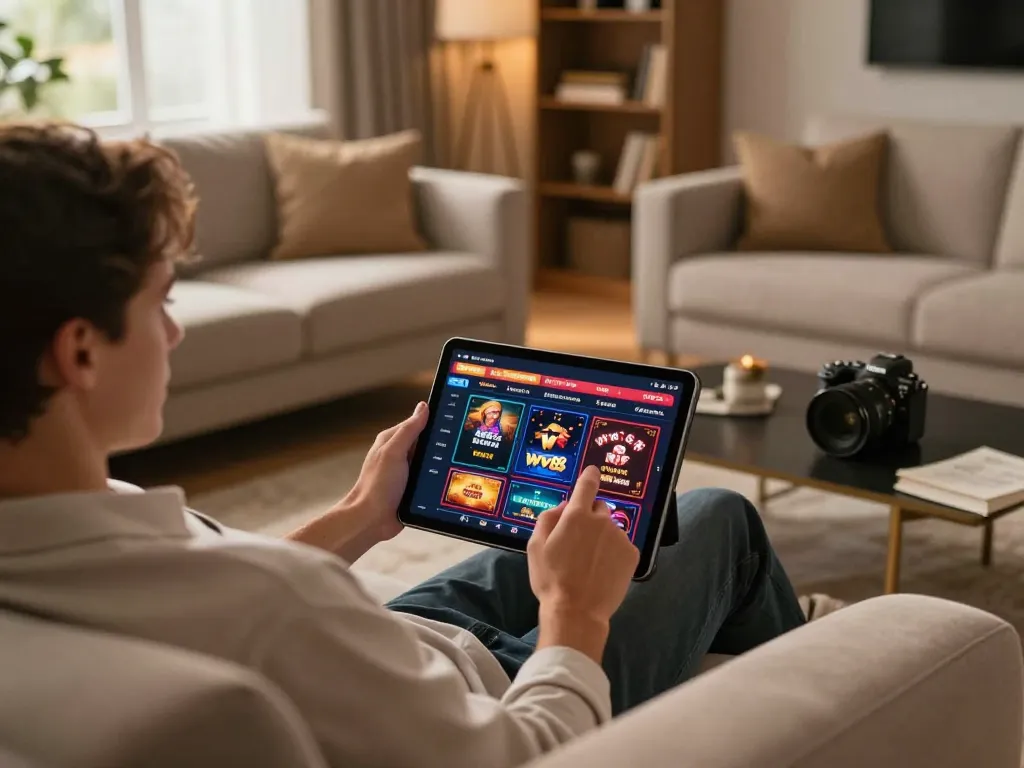 Engaging with ww88 online casino on a tablet in a cozy living room setting.
