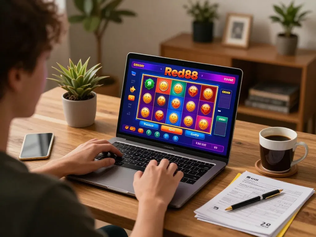 Player enjoying Red88 online casino games at home with engaging slot interface