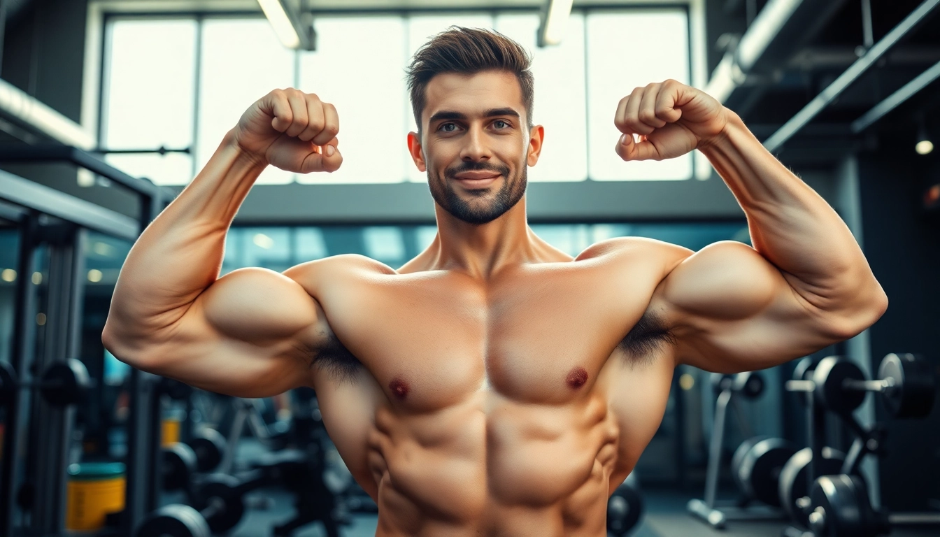 Showcase of Canadian anabolics with a bodybuilder in an energetic gym environment.