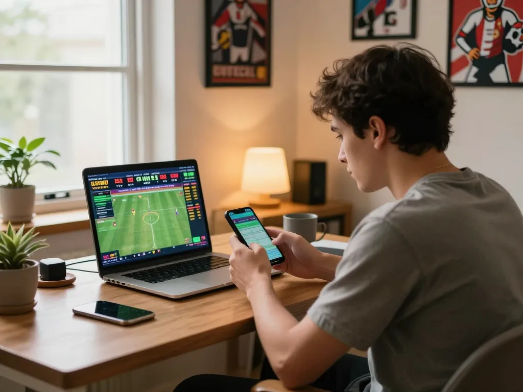 Engaged bettor using smartphone for 9BET live sports betting in a modern home setup.