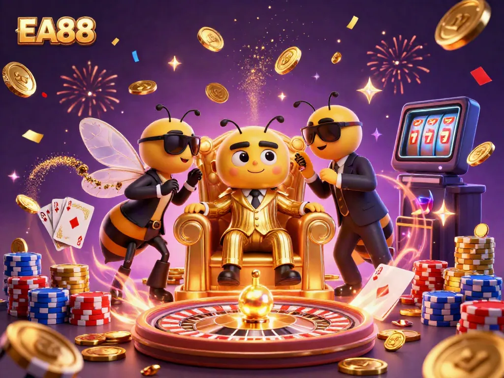 Experience thrilling moments at EA88 with a vibrant 3D casino showdown featuring a bumblebee mob boss, dazzling gems, and roulette excitement.