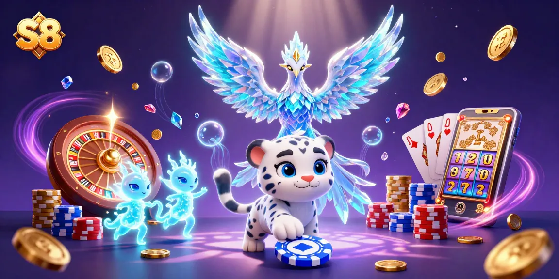 S8 showcases a vibrant ice phoenix and playful snow leopard cub in an engaging casino scene featuring roulette and poker elements.