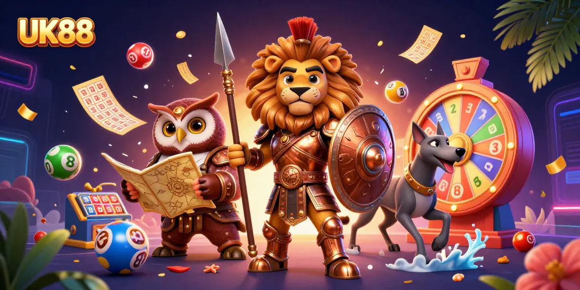Engage with UK88's exciting lottery and casino experience amid vibrant colors and dynamic elements.