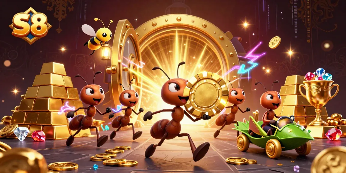 Engage with S 8's exciting heist scene featuring playful ants and vibrant casino elements.