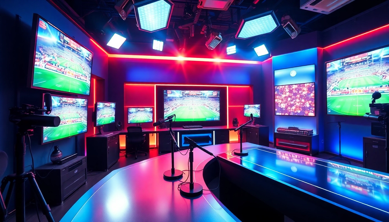 Engaging sports broadcasting studio showcasing live events and dynamic hosts.