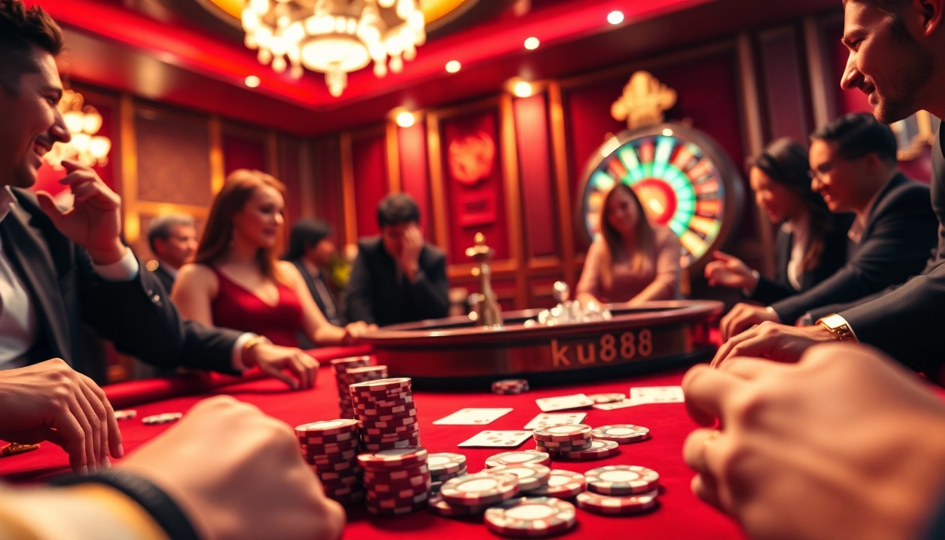 Gamblers enjoying a thrilling game at ku88 casino's poker table with vibrant atmosphere.