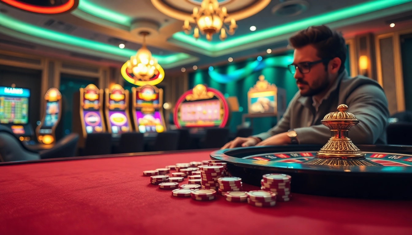 Engaging players in action at https://jun88sr.com/ with vibrant slot machines and a modern casino atmosphere.