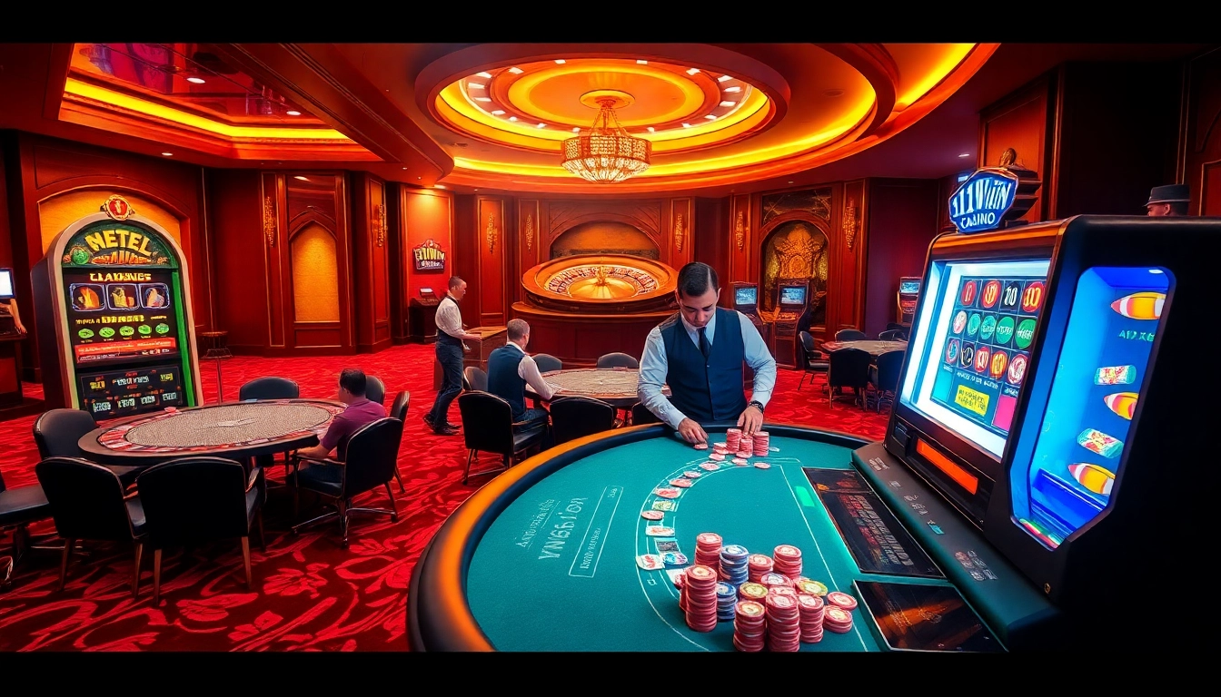 Experience the thrill of 11WIN Casino with vibrant gaming scenes and engaging players at tables.